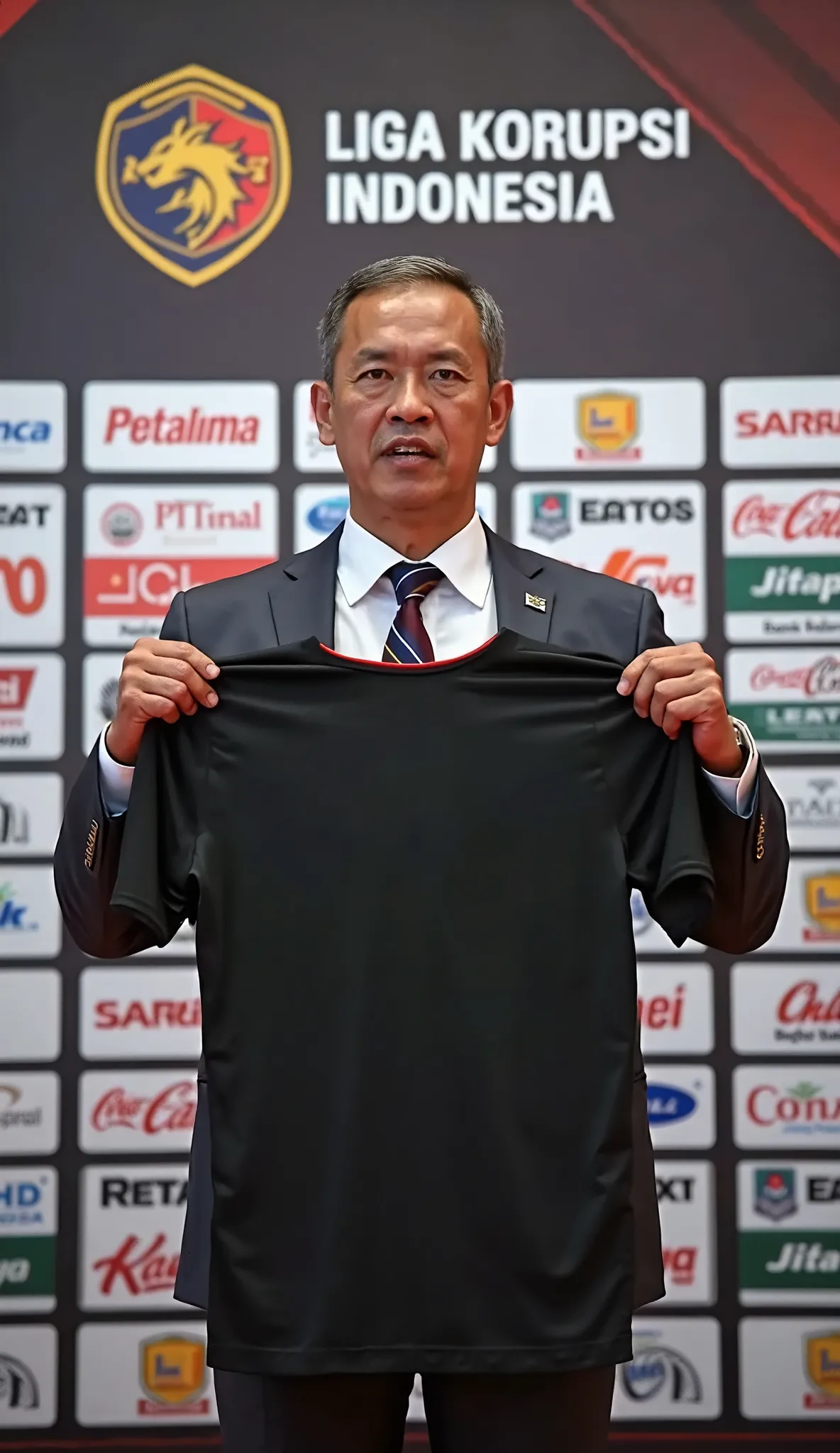 A football manager in formal attire is holding a press conference. He is presenting a black jersey, clearly displaying its back to the audience. The jersey is plain black with no design, emphasizing the rear view. The backdrop is clearly visible and filled...