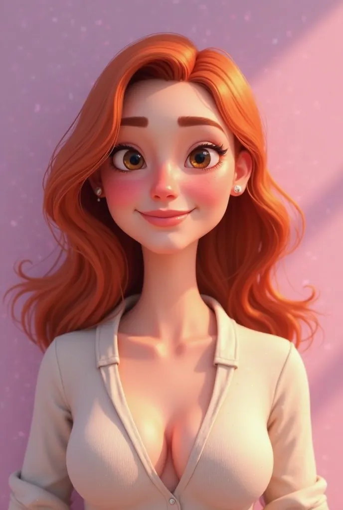 disney pixar,  Woman ,  eyes black ,  A simple smile ,  thick neck  , Weighing eighty kg, copper red hair, smooth lilac background . 