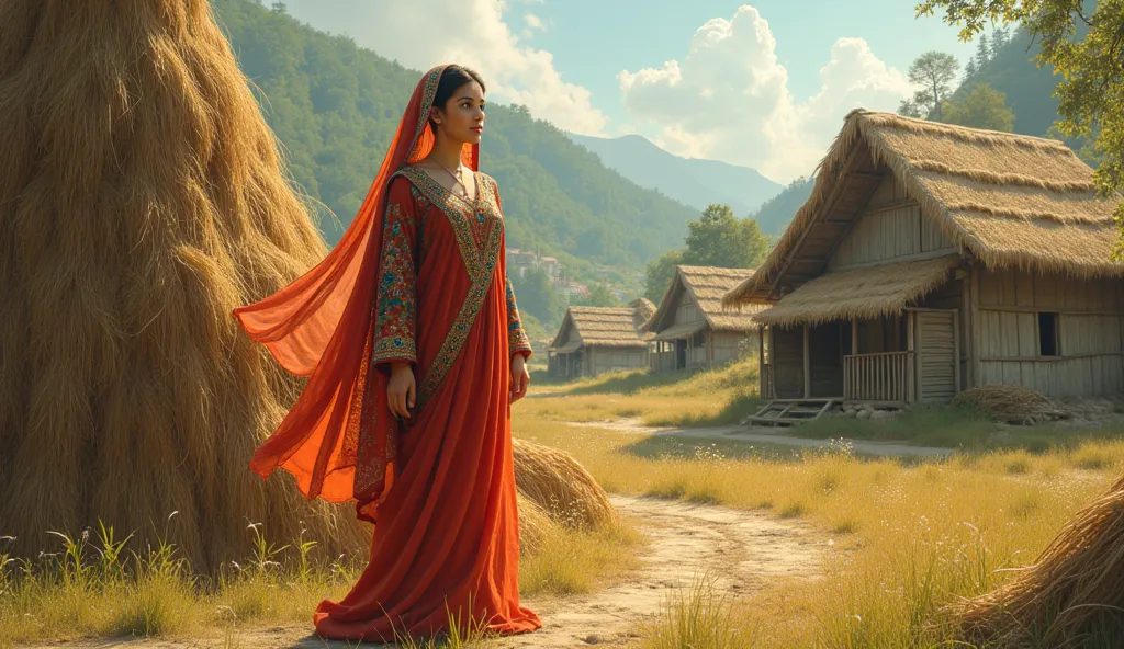 Create image of a women wearing a Balochi dress and a doppata hay pile in a village