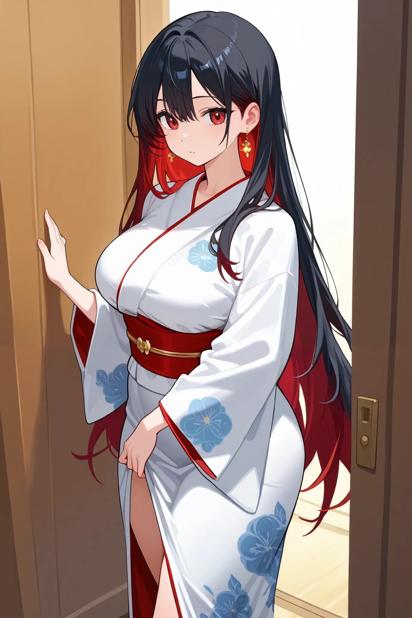 1 girl, Hair length reaches the back, Black hair with some red hair on the edges., red eyes, but not bright, curvy body, wear a sexy kimono outfit, หน้าอกไซส์ปานกลาง, have a golden earrings