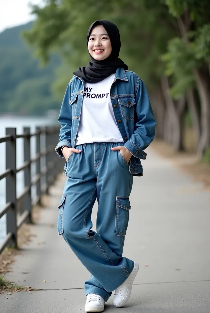 a korean woman in hijab smiles while posing cool on the footpath near the water, the woman is wearing a white t-shirt name "MY PROMPT COLLECTION" blue jeans jacket , cargo pants white shoes, is leaning near a beach tree fence in the background,  in front o...