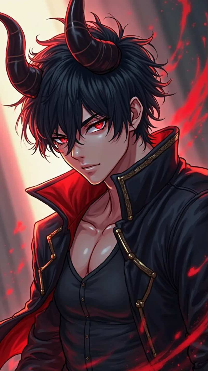 demon masculin 20 ans ,il a des  cheveux  noir  , cheveux courts,les yeux noir , il a des cornes sur la tete , anime, sexy, en tenue de sport