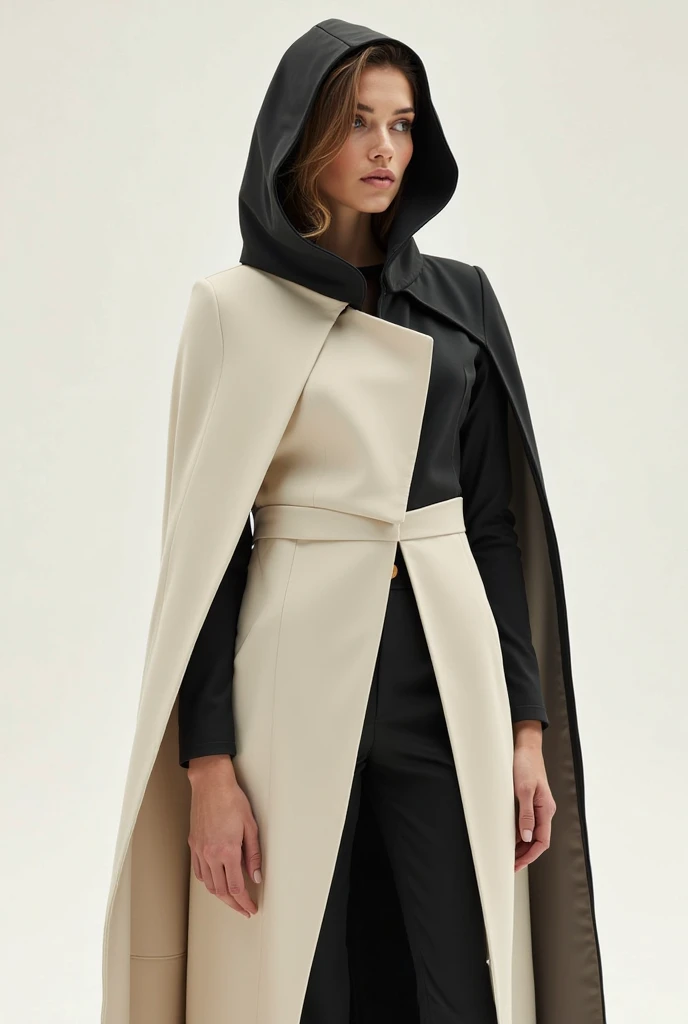 I create a somewhat long hooded cape with the colors cream and black referring to the Formula 1 theme for women