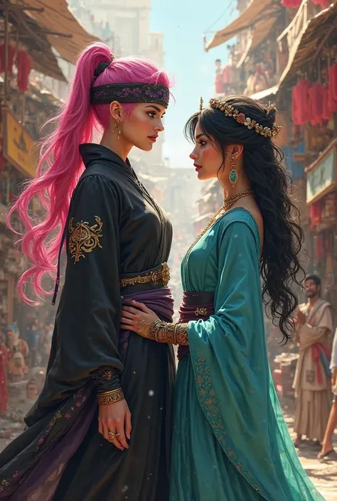 Create the image of a pink-haired ninja woman with a ninja band in her hair, next to a beautiful black-haired princess dressed in turquoise Arab clothes, they are in an Arab bazaar,