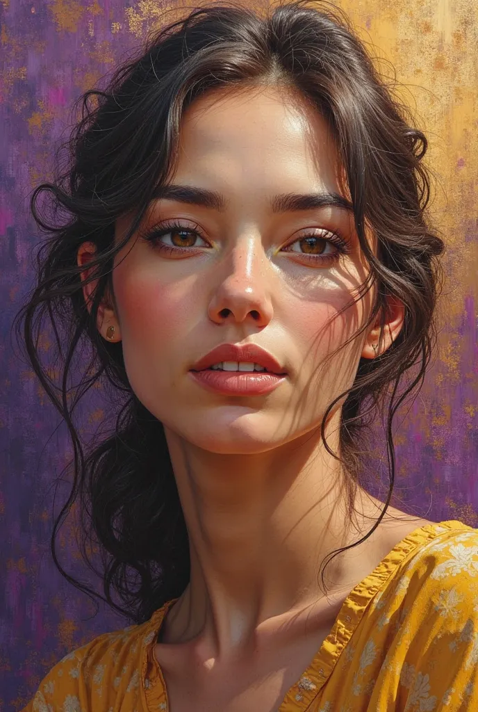 An oil-painted portrait of a woman with a strong and serene look.  His face is illuminated by a warm light , with expressive brushstrokes that highlight her determination.  The background is abstract , with gold and violet tones that symbolize power and wi...