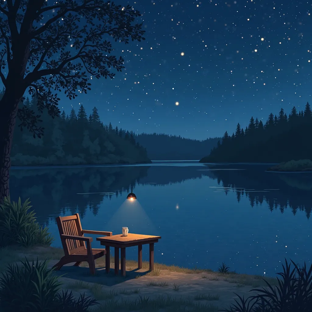 outdoors, water, tree, no humans, chair, table, star (sky), night sky, scenery, nature, starry sky, reflection, forest, lake,