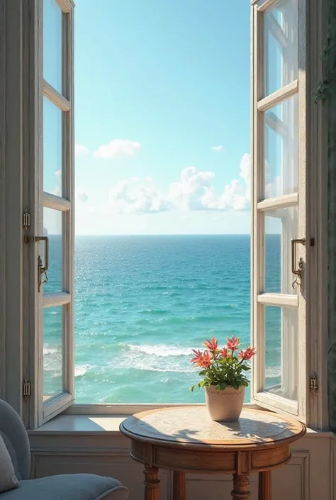 Sea seen from an open French window, corner table in the setting with realistic flower pot 8k 