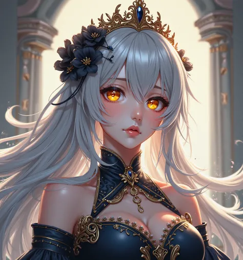 A 30-year-old anime-style woman, white hair with some black flowers on it. Yellow eyes with queen clothes and a crown