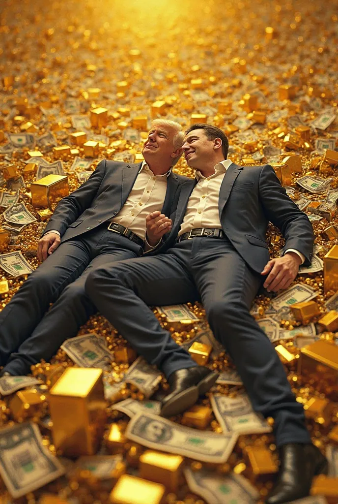 Donald trump and elon musk laying down on top of US dollar notes and gold bricks