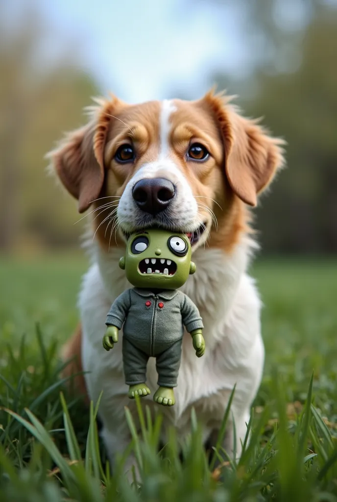 An image of a dog named Tobias, of the coker breed,  type , with light brown and white fur, droopy ears and friendly eyes. Tobias is in a green garden, holding a zombie doll softly in its mouth. The zombie doll is small, made of , with green and gray color...