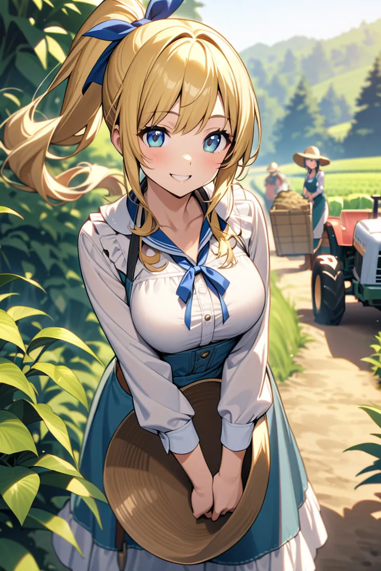 Golden Hair　tall ponytail　大きなblueリボン　Beautiful Girl　smile　 bright　blouse　 Long Sleeve　 ribbon tie around the neck　blue　fantasy style　　Beautiful Girl一人　highest quality　Farmer　Beautiful Girl一人　hoe