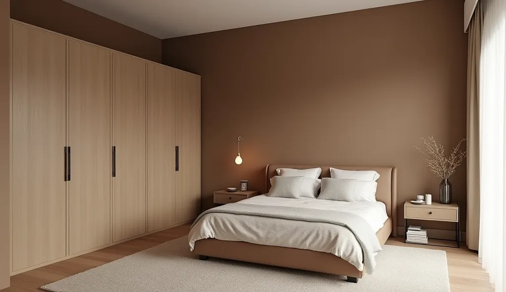 large bedroom in 3D, But showing only the angle of the closet and the wall, high ceilings , The wall is in a cozy dark beige tone, the ceiling being in the same tone but slightly lighter than the walls