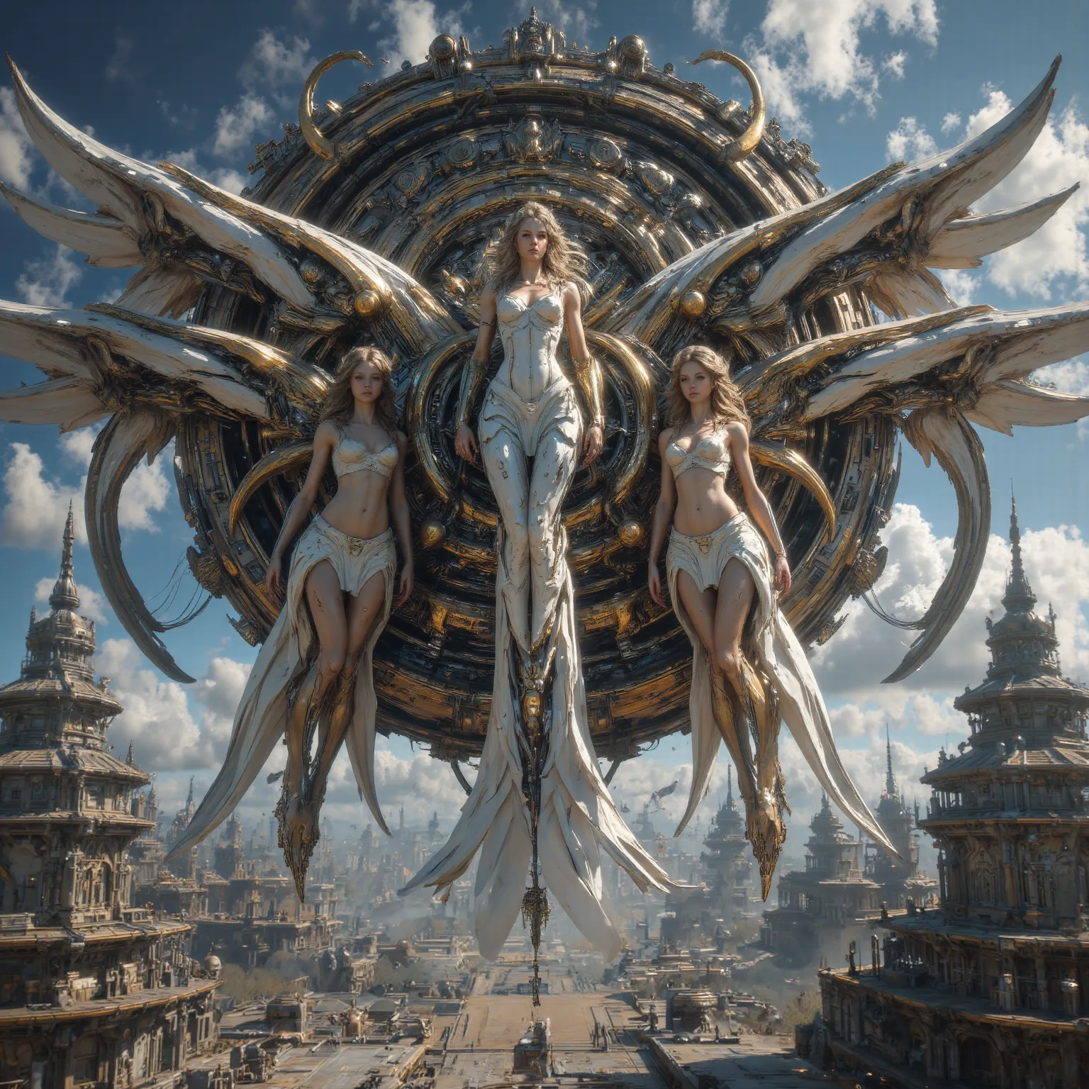 An 18th century city, being lifted and floated by beautiful, scantily clad angelic women. Ultra-high resolution. xuer Asgard City. wh1ms1cal. 