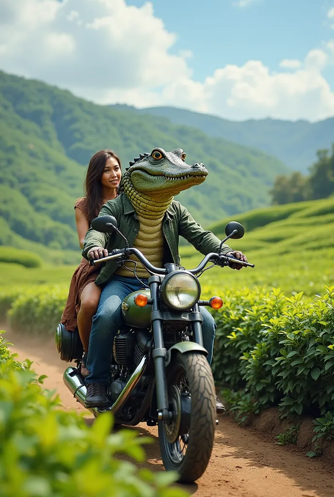 A highly realistic HD image of an anthropomorphic crocodile riding a motorcycle through a beautiful green tea plantation. The crocodile is in the driver's seat, while his girlfriend sits behind him, holding onto his waist. They appear to be engaged in a co...