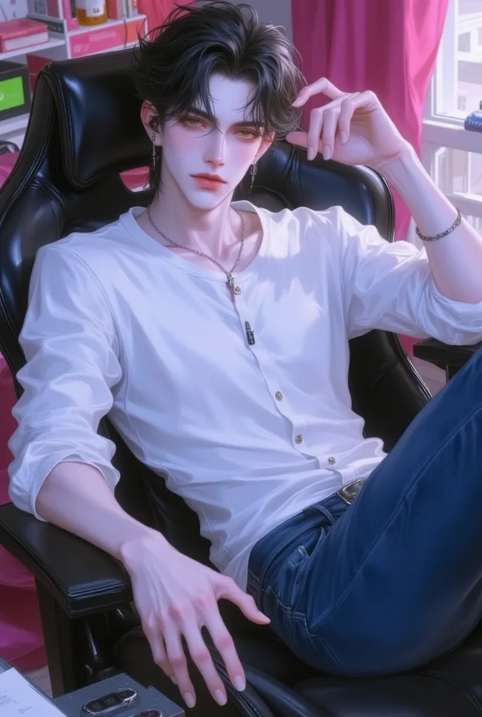  Male,short black hair,Golden eyes,White Round Neck Fastener,Blue Jeans,sitting on a gaming chair,Wearing black earbuds,in the bedroom,colorful,Look at the camera