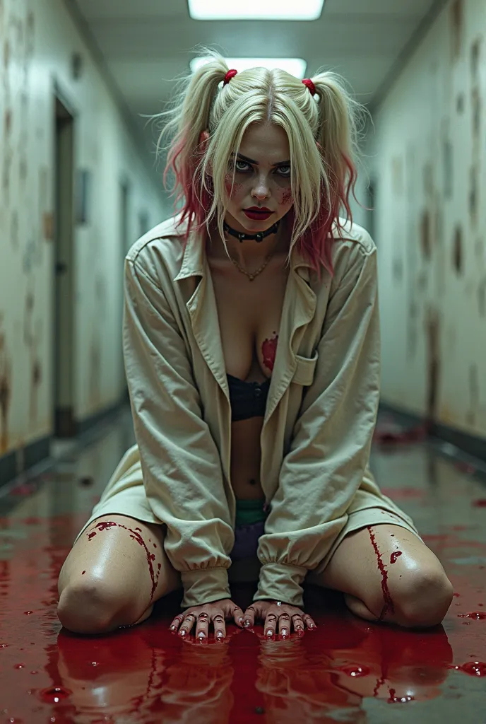 Harley Quinn with psychiatric hospital style, But with old, worn white straitjacket. Sitting kneeling on the floor filled with red liquid