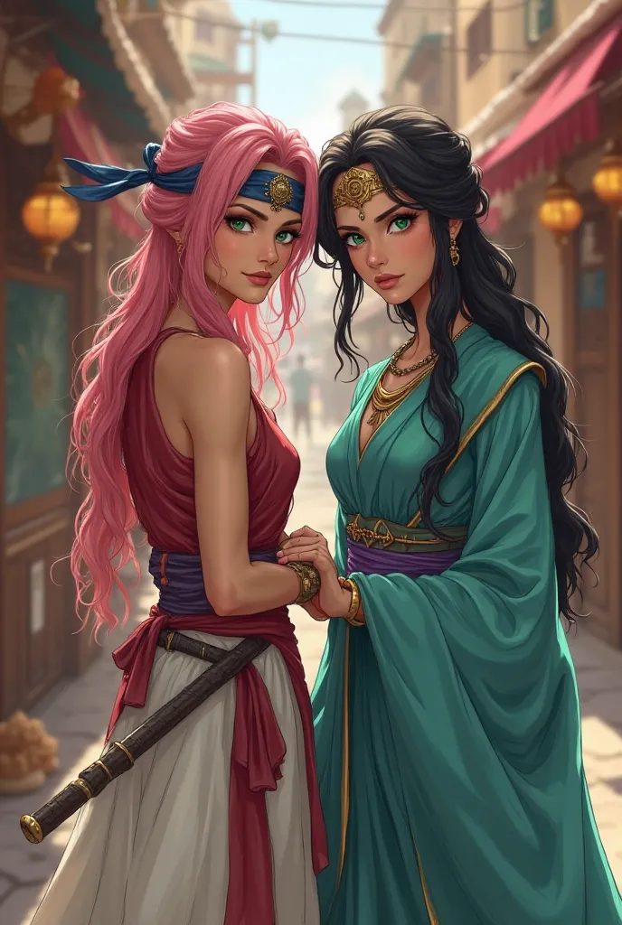 Create the image of a ninja woman with loose pink hair, she wears a ninja band on her forehead, sleeveless shirt in red and a white skirt, Her eyes are green , next to a beautiful princess with beautiful black hair dressed in turquoise Arabian clothes, the...