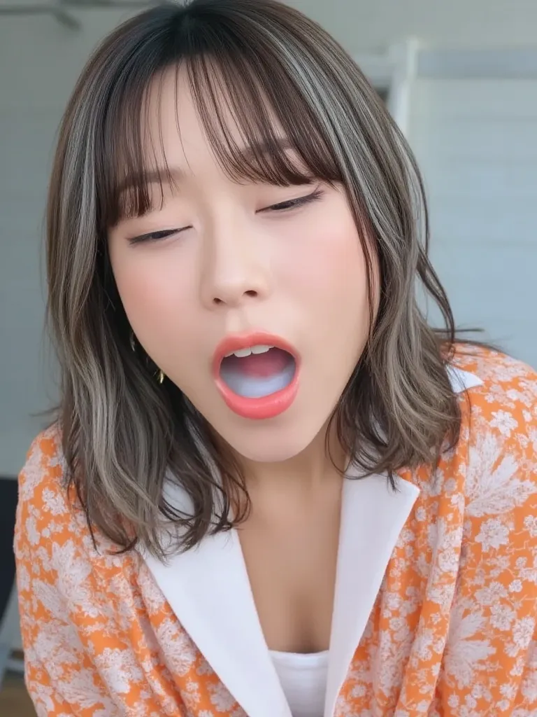       young Japanese female idol slouching     、   High resolution photo with grey hair highlighting breasts    ,     1     ,      Penis in the mouth    ,   alone,        teeth、While sitting、  ,      her nipples are standing    ,        teeth正面から上を向いています  ...