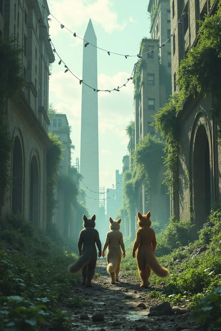 Ruins of Washington DC, moss and overgrowth everywhere, three furrys, exploring ruins.