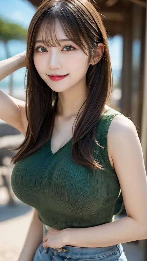 ((beach)): (((tight emerald green sleeveless knit and denim shorts))), highest quality, shape, 非常にdetailsな, details, High Resolution,  8k, perfect dynamic composition, beautiful details,   natural lips , Tight T-shirt, (((H cup breasts))), (((huge breasts ...