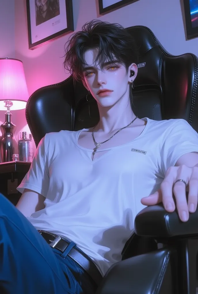  Male,short black hair,Golden eyes,White Round Neck Fastener,Blue Jeans,sitting on a gaming chair,Wearing black earbuds,in the bedroom,colorful,Look at the camera