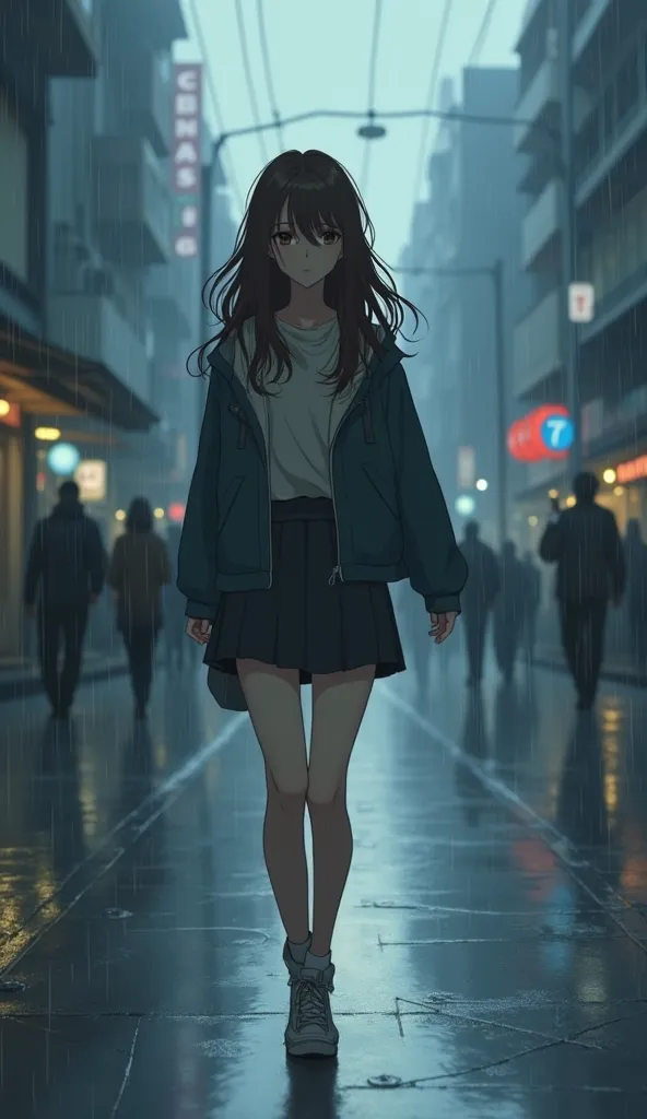 A moody anime-style illustration of a 23-year-old woman briskly walking down a wet, reflective city street on a rainy morning. The pavement glistens under the gentle rain, and in the background, blurred silhouettes of people walking in different directions...