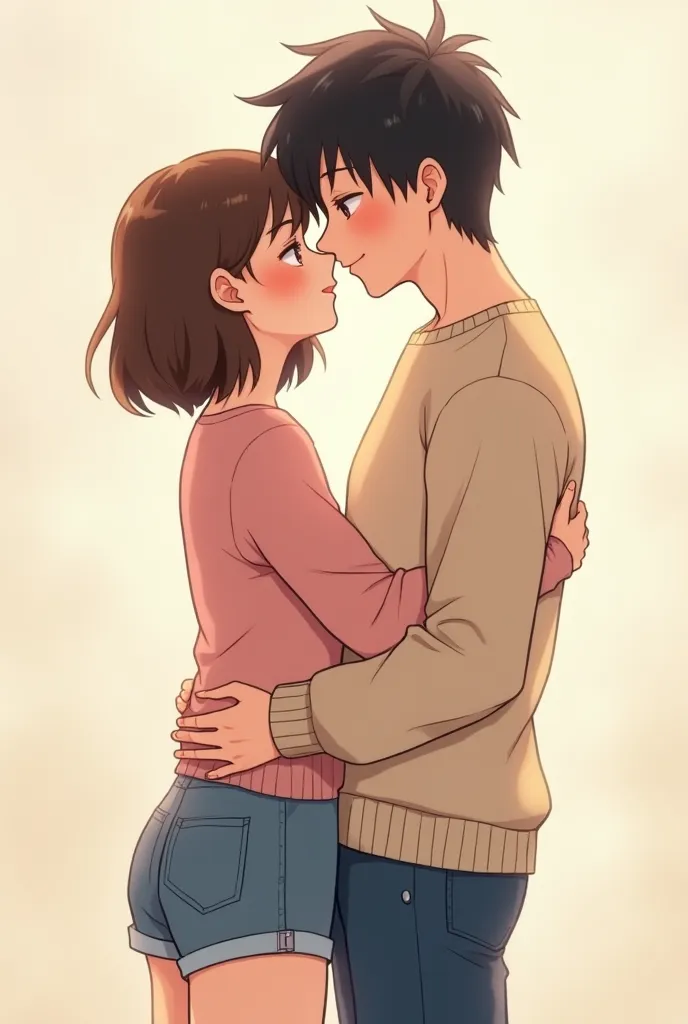 Anime girl with short brown hair wearing soft shorts like home blue shorts and a pink blouse with her black-haired boyfriend Lizo dressed in a beige long sleeve shirt and blue jeans hugging her girlfriend and kissing her touching her butt