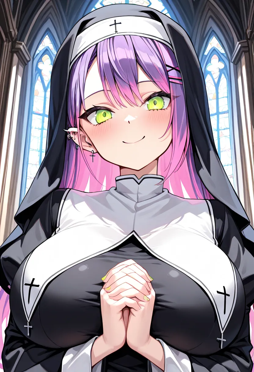 (highest quality , 8k , masterpiece , incredibly absurdres , perfect body , super detailed skin , highly detailed eyes and face , 1 woman ) , tokoyami towa , purple Hair , Green eyes , smile ,  will be happy , ( sister,  nun , church : 1.2 ) , ( huge breas...