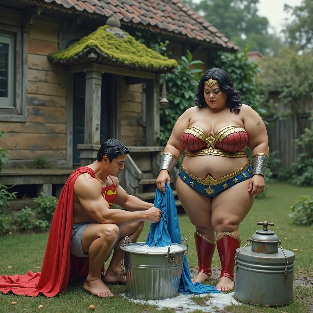 beautiful Asian wonderwoman,stocky and sexy body,extreme big breasts like big balloons,wearing a wonderwoman costume complete,squatting down,hands holding a big blue superman's costume and while whasing blue superman's costume complete in a bucket full of ...