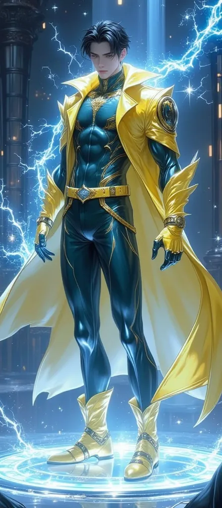 Full body photorealistic handsome hunky young slender futuristic male hero with black hair wearing a cyan and  yellow bulging tight fit costume, with gloves and belt and boots and wristbands that can manipulate energy , his body is covered with energy,,sup...