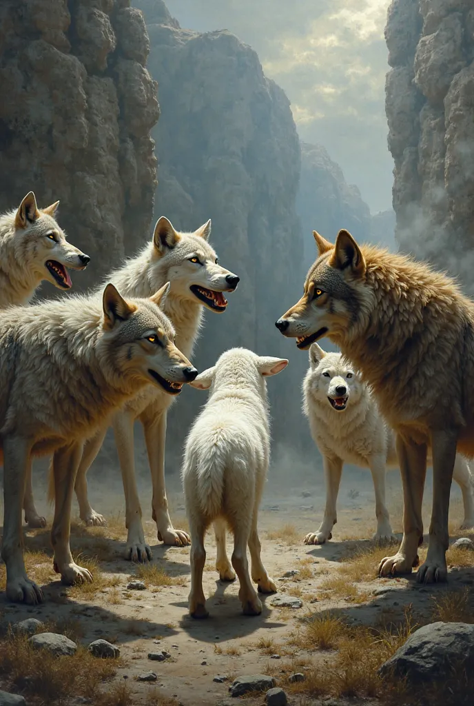 A white lamb against 7 wolves Boss Fithg realistic Renaissance painting version 