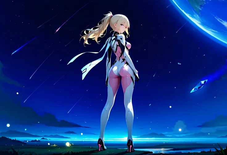 (very detailed CG unity 8k wallpaper, masterpiece, best quality, ultra-detailed), 3D, a beautiful female model, transparent white and pink bodysuit, detailed face, beautiful eyes, full lips, long lashes, flowing hair, elegant pose, Under an empty night sky...