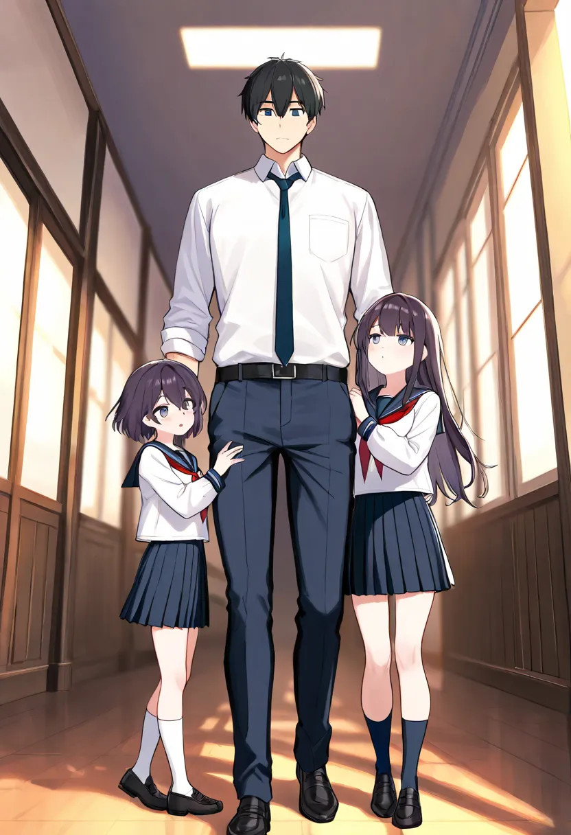 (two panels: 1.1), (a tall male towering over his friends: 1.2), (height difference: 1.3), (macro size: 1.1), hallway, serafuku