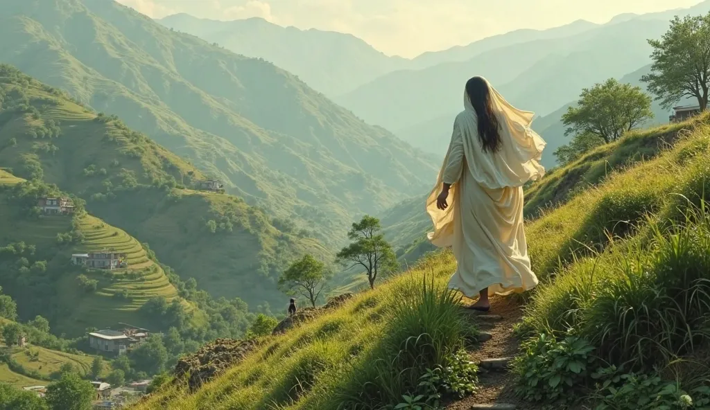 A pakistani village women wearing a white long scarf called dopatta climbing up a hill in village 