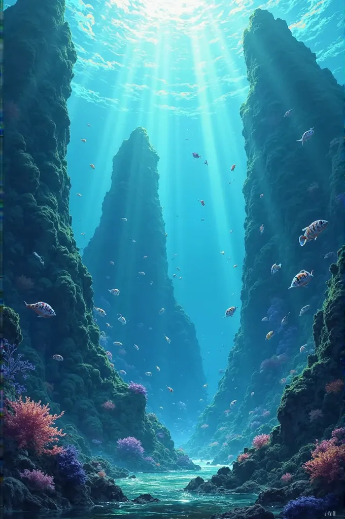 A majestic anime-style underwater landscape, showing an immense chain of underwater mountains covered by algae and bioluminescent corals. Sunlight weakly penetrates deep blue water, creating an ethereal effect. Small schools of luminous fish swim across th...