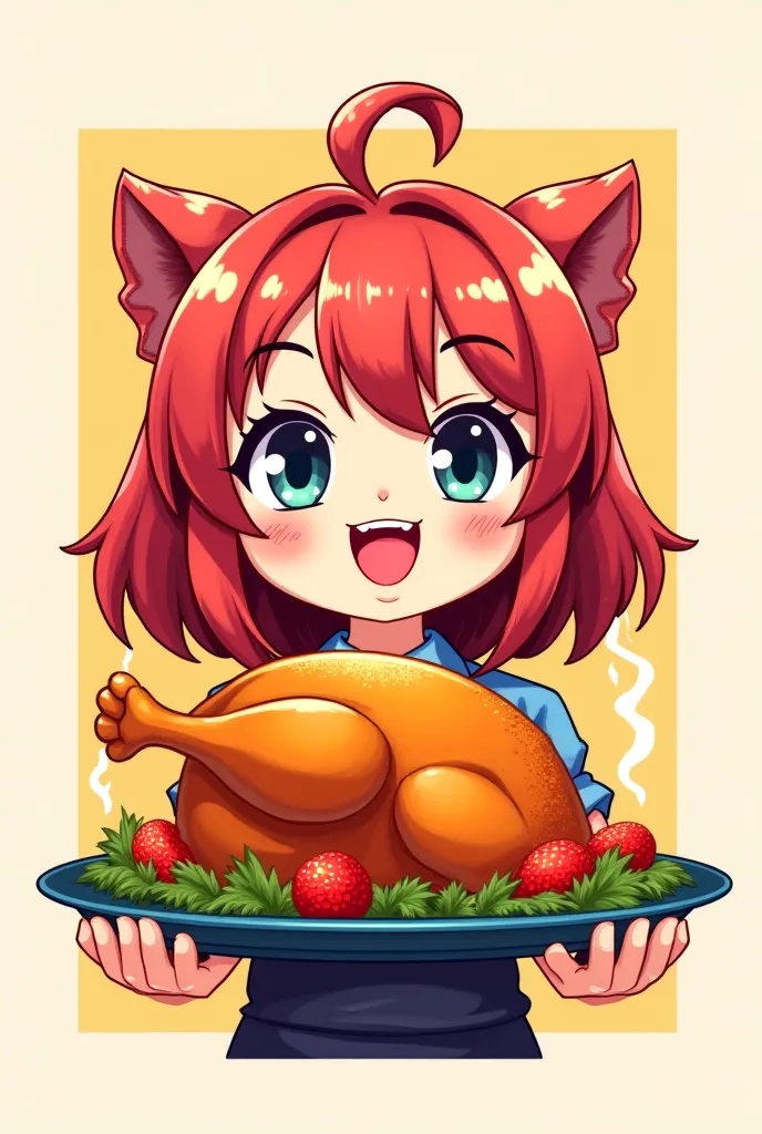 Anime character offering roasted chicken,  logo style