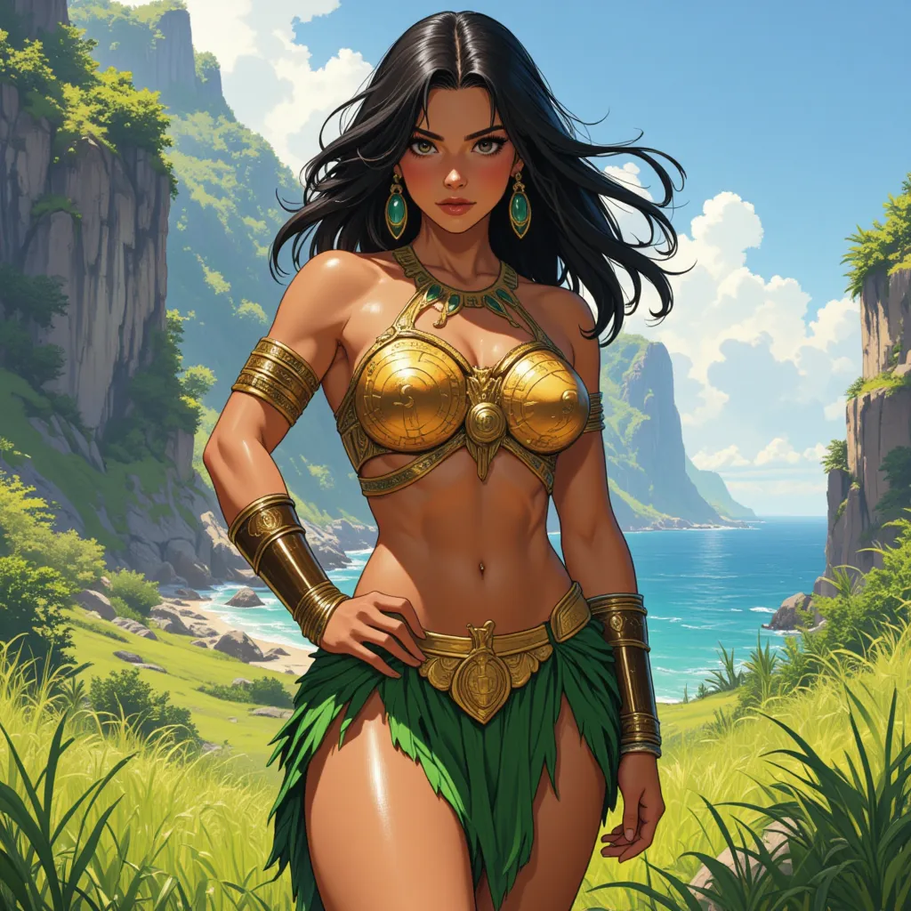 illustrate A female native warrior with a gold outfit and green grass skirt. She has black hair She has a hyper sexual physique, with large firm breasts and perfect breeding hips, soft curves and wide hips, visible abs and muscular thighs, her broad should...