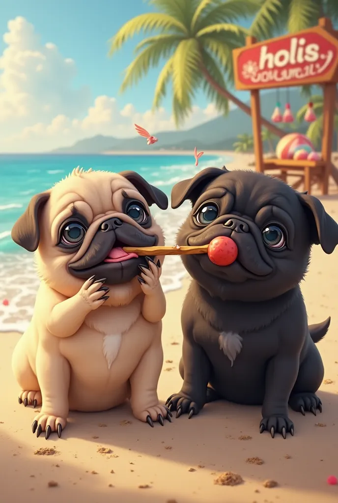 Create an image with TWO cute pug dogs, ONE VANILLA and THE OTHER BLACK, eating a GOURMET pen, And in the background a beach with a sunny day and put a sign on one side that says: “Bolis Gourmet Bela's”