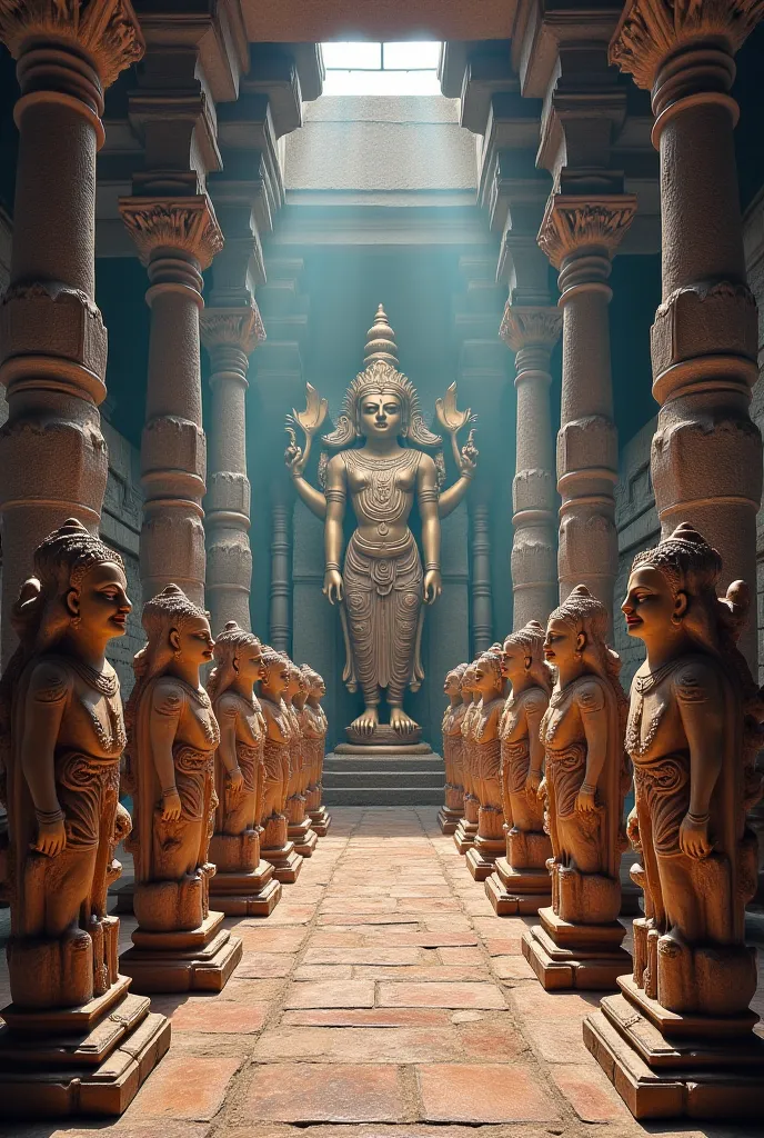 Inside the idol temple – A grand temple filled with various stone idols of different sizes. The idols have decorative clothes and offerings placed before them. The temple has tall pillars and a sacred atmosphere.

