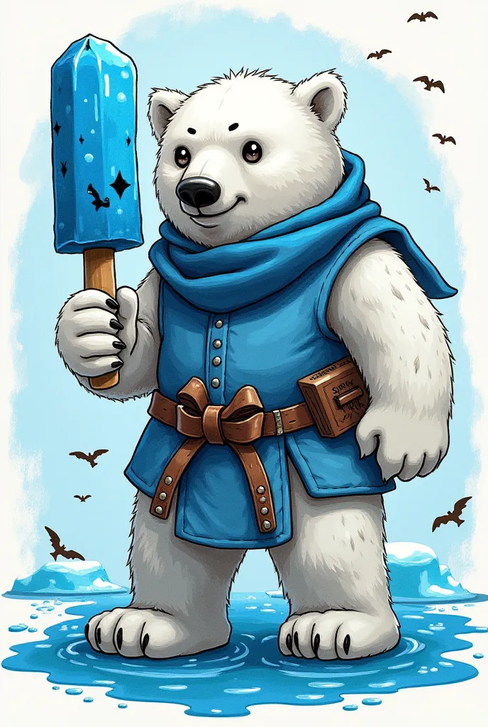 Improve the colors and details of the image of a polar bear looking like a warrior, that holds an icy bite of blue cover with dark sparks. Keep the original design intact without altering its composition. Highlight the colors of the bear, their clothing an...