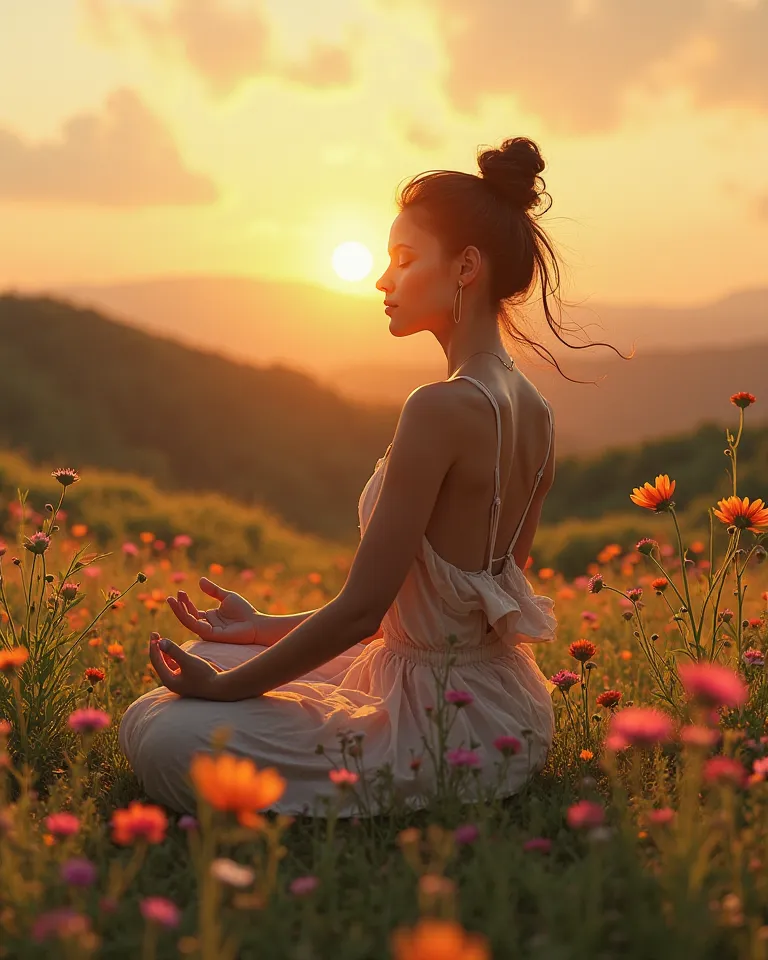 A hyper-realistic 4K digital painting of a confident woman with radiant skin, HER BARE BODY sitting in deep meditation on a grassy hill surrounded by blooming wildflowers, the gentle wind carrying their fragrance as the golden sunset bathes the landscape.