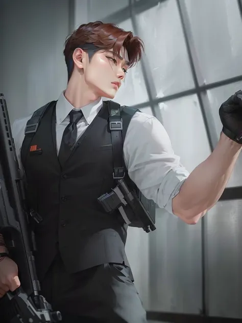 there is a man in a vest holding a gun and a gun, high quality fanart, official fanart, highly detailed exquisite fanart, inspired by Kim Hwan-gi, inspired by Zhang Han, inspired by Gang Se-hwang, inspired by Kim Deuk-sin, inspired by Yanjun Cheng, inspire...