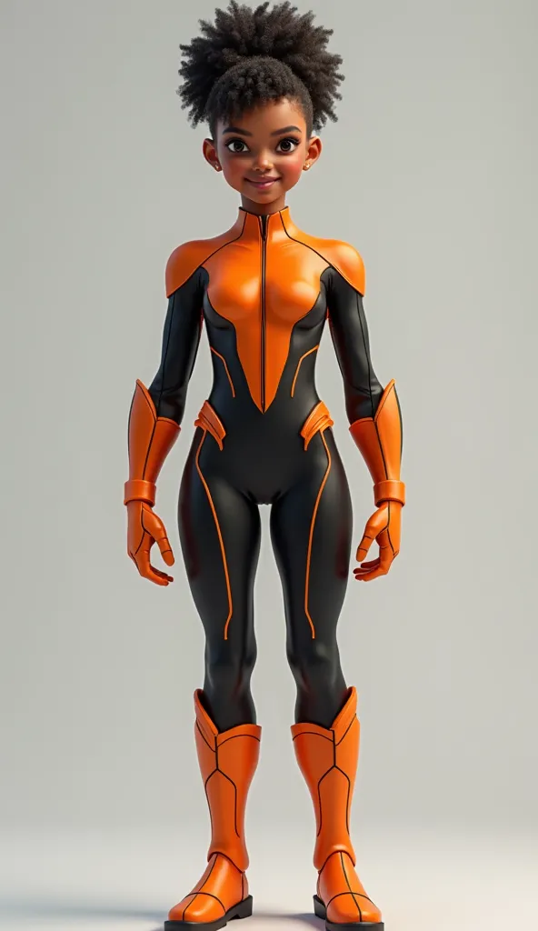 Create a slim realistic superhero wearing orange and black costume, super cute and bulge.  front view,  create full body image with light gray background  
