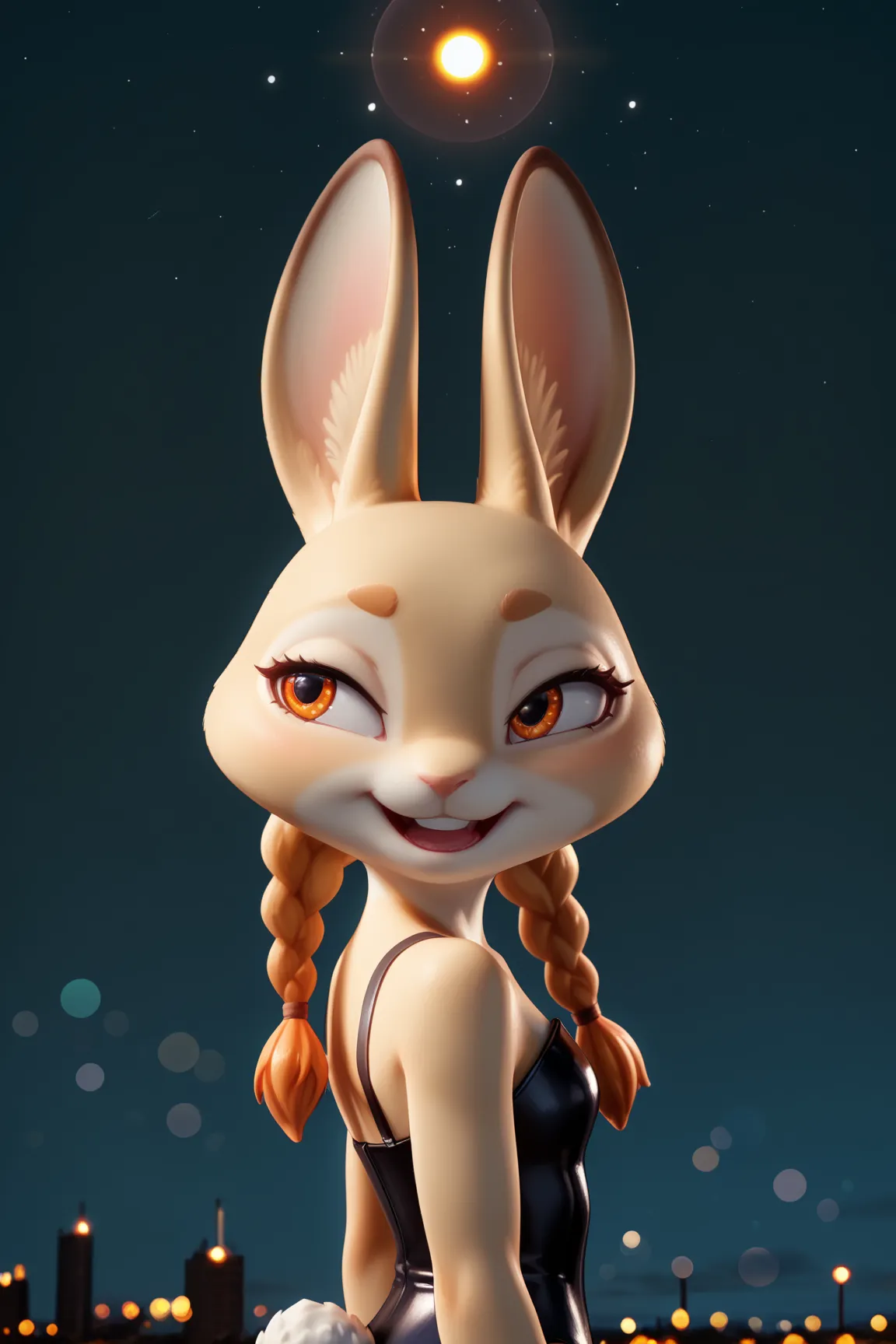 Furry, 1 bunny girl,age 15,, orange eyes ,(round eyebrows),laughing with eyes closed,
a carrot stuck in the middle of its long light blue and white twin braids,
very happy and holding a large basket full of harvested carrots,facing the viewer,
back view of...