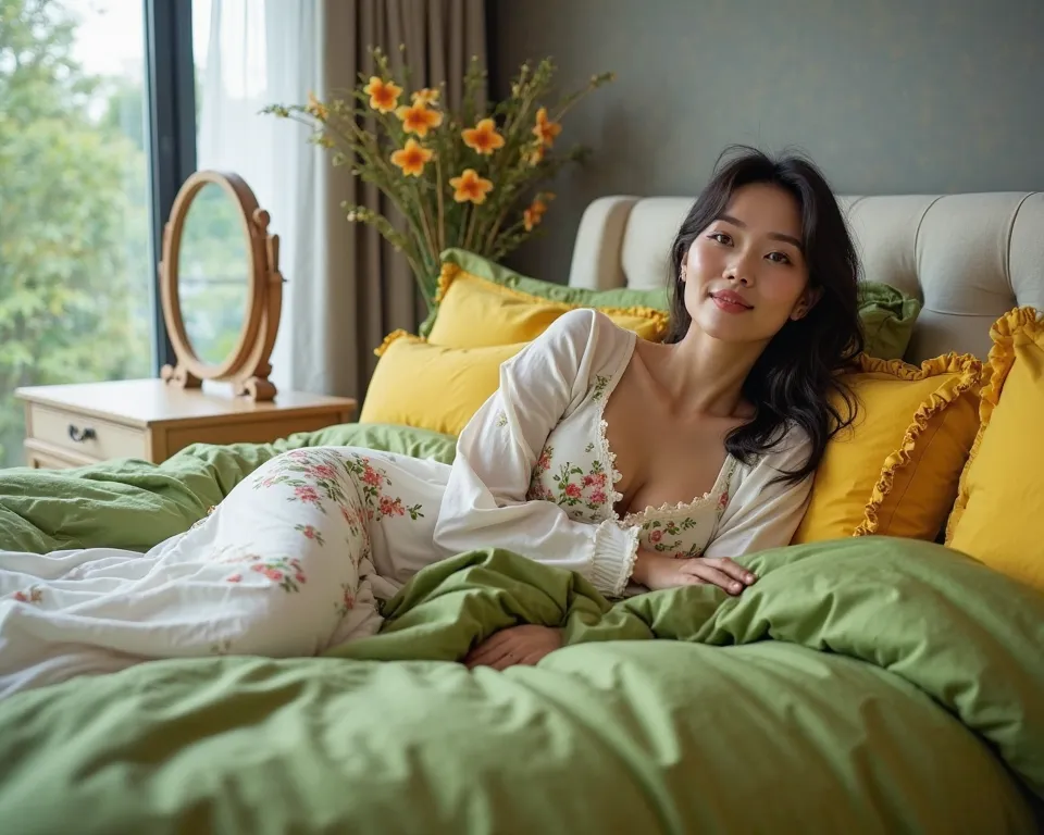 A 40-year-old beautiful and feminine Chinese woman, wearing a long white dress with floral patterns, showing her cleavage, is inclining on a double upholstered bed. The bedding is verdant green and vibrant yellow and made of cotton, and one side of the duv...