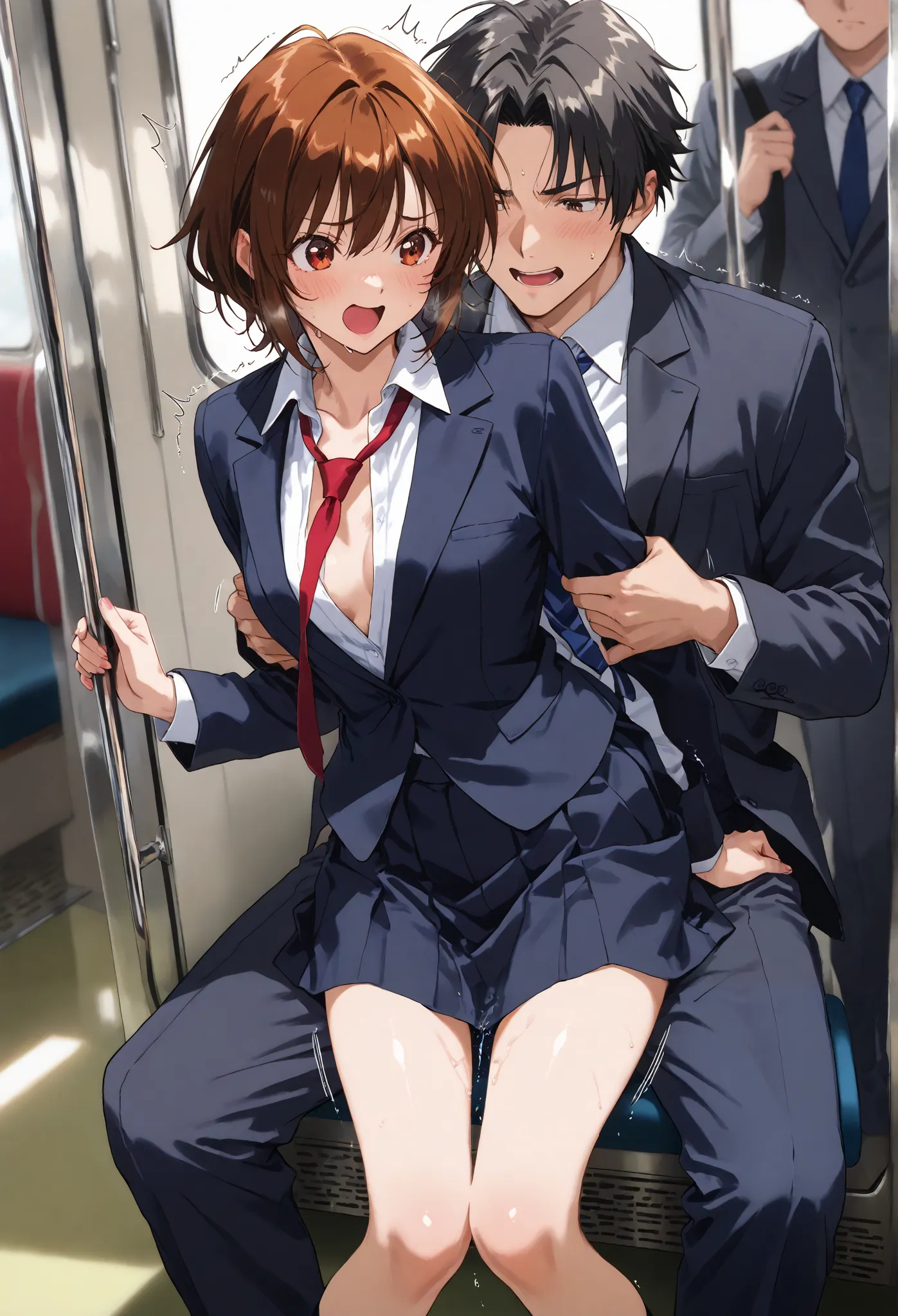 inside a crowded train、short hair、(濃い陰毛)、standing、Has a sling、business suit、 、  uncle 、 uncle と女性、Resist、OL 、(touch her chest from behind、can lift 1 leg、 a cat that was taken inside in large quantities、doggy style sex)、medium chest、、masterpiece、best qualit...