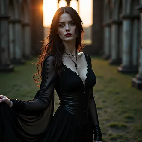 A stunning gothic model with pale skin and intense eyes poses majestically in a ruined gothic castle at dusk. Photographed with a RED Komodo 6K and Leica Summilux-M 35mm f/1.4 lens to capture every detail in ultra-realism. Her flowing black dress, with lac...