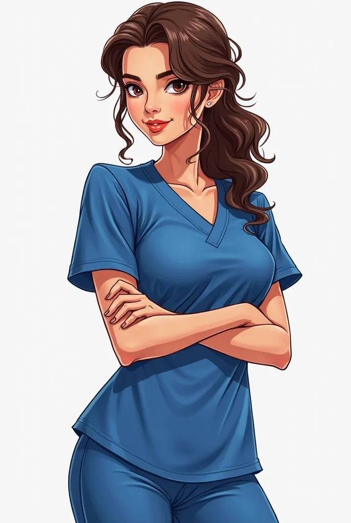 A female physical therapist character wearing a royal blue uniform. Standing sideways with arms crossed and looking forward. Clear skin with Arabian features with a heart-shaped face, extremely small and thin lips, marked chin split in two and small almond...