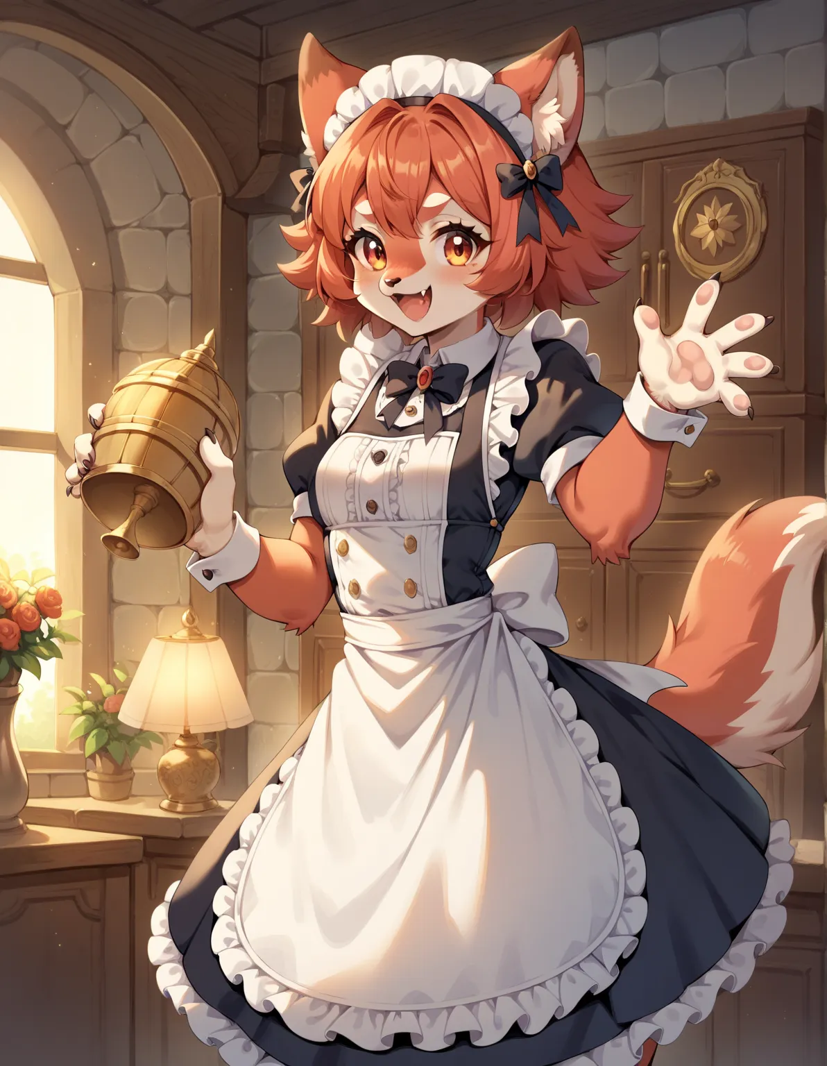 Melusina, (masterpiece, Best quality at the best price), own, Wild beast, fluffy woman , Wolf-eared ax detail), (Light and shade for any background)), Cute girl in maid uniform ,  the maid costume , colores blancos, natural,, (Red face),A smile, (a tail), ...