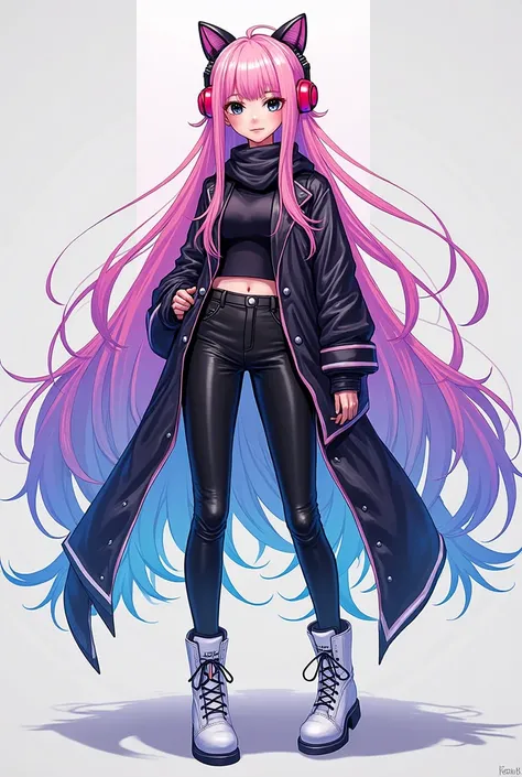 Female character has long hair with pink , blue ,purple and has a pink cat headset and white boots, black lenses, black pants and a black kuromi shirt or a black scarf 